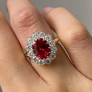 3CT Oval Cut Ruby Engagement Ring for Women, Red Ruby Wedding Ring, Moissanite Halo Ring, 14K Yellow Gold, Anniversary Gift Ring for Her