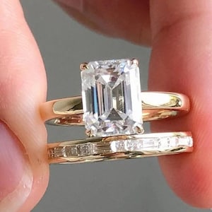 Emerald Cut Moissanite Engagement Ring Set for Women, Anniversary Ring Set, Wedding Set, Solitaire Bridal Set, Half Eternity Ring for Her