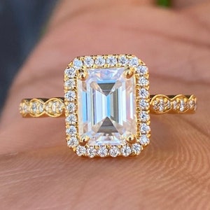 Emerald Cut Halo Ring, Emerald Cut Moissanite Engagement Ring, Emerald Cut Halo Wedding Ring, Gift for Her, Solitaire Ring, Promise Ring