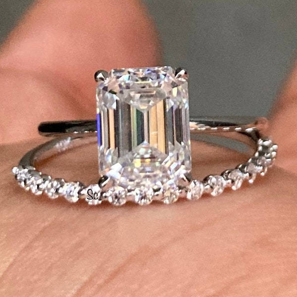 2 CT Emerald Cut Moissanite Engagement Ring Set-Unique Bridal Ring Set- Emerald Solitaire Diamond Anniversary Ring -Promise Wedding Ring Set