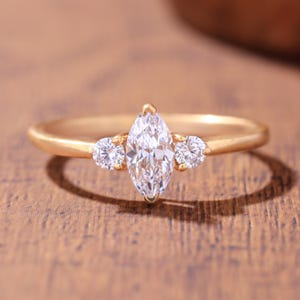 Marquise Cut Moissanite Wedding Ring, Three Stone Engagement Ring, Solitaire Diamond Bridal Ring, Minimalist Proposal Ring, Anniversary Gift