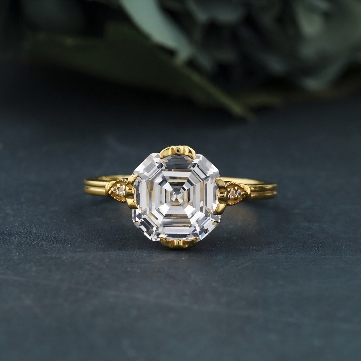 Asscher Cut Moissanite Engagement Ring- 14k Yellow Gold Diamond Ring ...