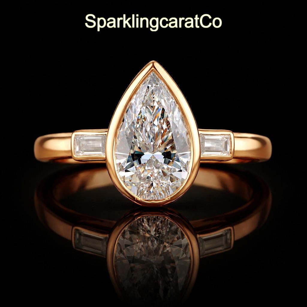 Pear Cut Moissanite Engagement Ring - Three Stone Bezel Set Wedding ...