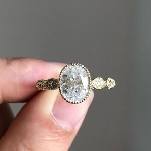 Bezel Set Oval Moissanite Engagement Ring, Unique Vintage Moissanite Diamond Ring, Beaded Bezel Set With Filigree, 14K Yellow Gold Ring