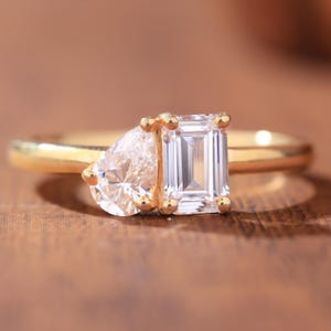 Pear & Emerald Cut Moissanite Engagement Ring, Toi Et Moi Solid Gold Two Stone Diamond Wedding Ring, Promise Anniversary Gift Ring For Women