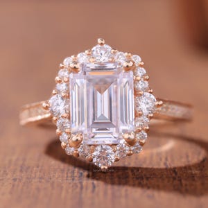 Emerald Cut Moissanite Engagement Ring, Vintage Rose Gold  Halo Wedding Diamond Ring, Art Deco Ring, Promise Anniversary Gift Ring For Women