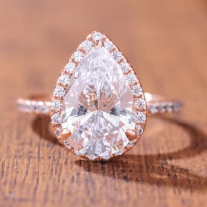 Tear Drop Halo Moissanite Engagement Ring, Pear Cut ArtDeco Unique Wedding Ring, Promise Bridal Anniversary Ring For Her, Birthday Gift Ring