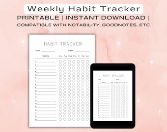 Printable Weekly Habit Tracker, Digital Habit Tracker for Self Care, Instant Download Habit Tracker PDF, Compatible with Goodnotes on iPad