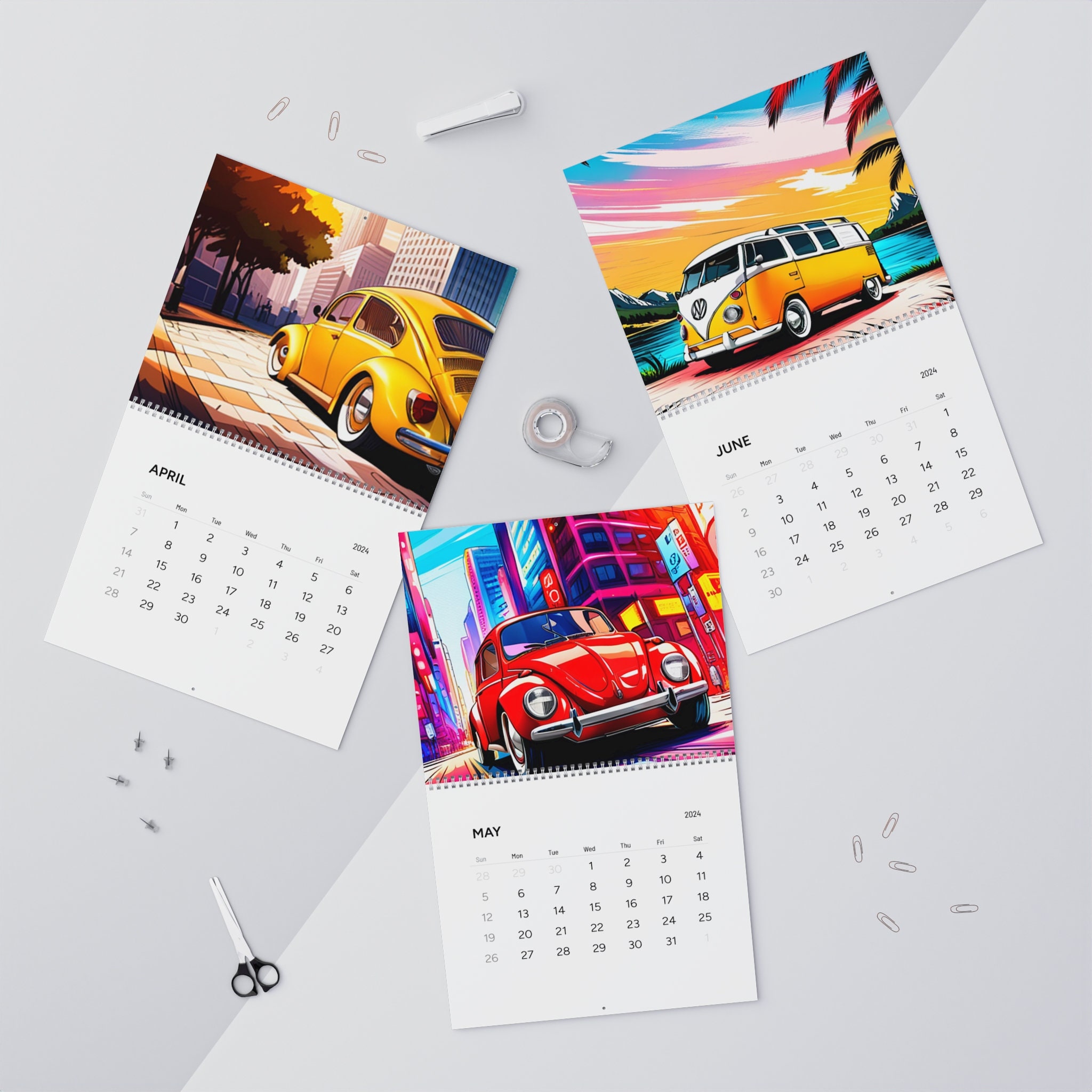 2025 Wall Calendar featuring Volkswagen Beetles and Kombi Designs with