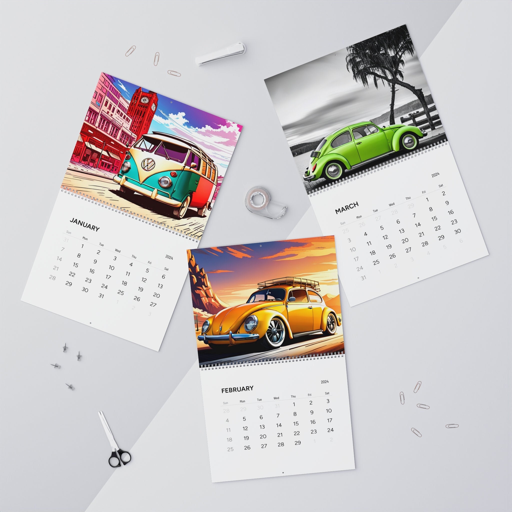 2025 Wall Calendar featuring Volkswagen Beetles and Kombi Designs with
