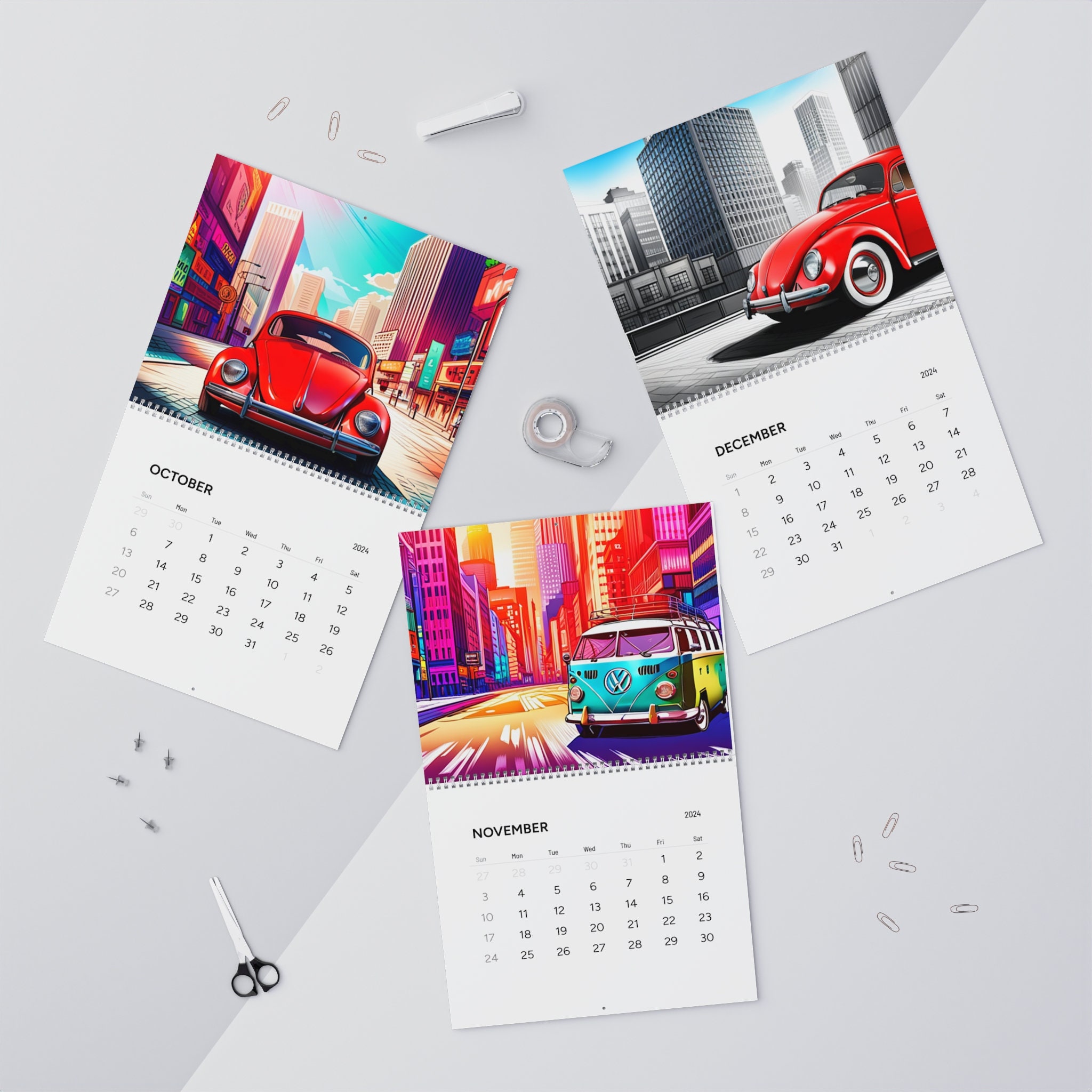 2025 Wall Calendar featuring Volkswagen Beetles and Kombi Designs with