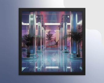 May include: A framed photograph of a futuristic interior with a reflective floor and chrome columns. Palm trees are visible in the background. The floor is a light blue colour and the walls are a light purple colour.