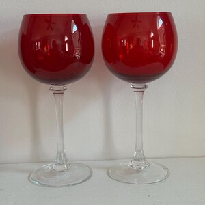 Set of TWO Ruby Red Balloon Crystal Wine Glasses