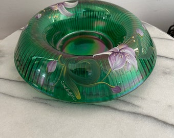 Fenton Centerpiece Iridescent Green Art Glass 10.25" - Artist Signed - HandPainted Console Bowl - Rolled Rim