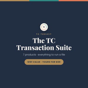 Könnte beinhalten: Eine dunkelblaue digitale Grafik mit dem kreisförmigen TC-Logo oben, gefolgt vom Text TC TOOLKIT, The TC Transaction Suite und dem Untertext 7 products · everything to run a file, mit einem beigefarbenen Button mit Text am unteren Rand.