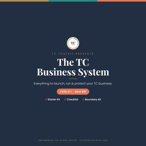 Op de afbeelding: Een donkerblauwe digitale afbeelding getiteld The TC Business System door TC Toolkit. Het bevat de tekst Everything to launch, run & protect your TC business, een 3 Kits in 1 knop en een lijst met Starter Kit, Checklist en Boundary Kit.