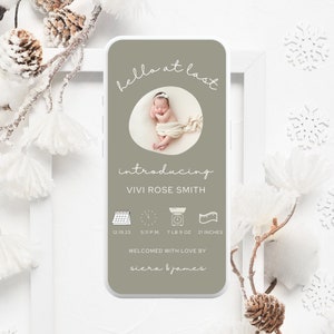 Hola por fin Estadísticas de anuncio de nacimiento digital Anuncio de nacimiento Plantilla editable Foto Anuncio de bebé Nacimiento electrónico Minimalista