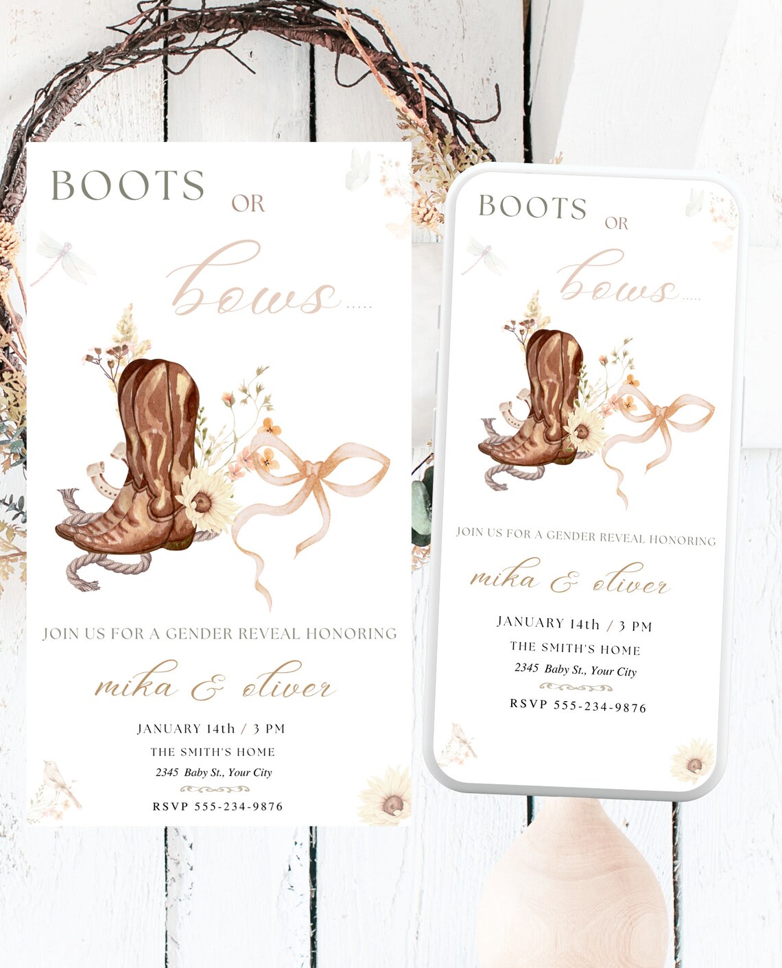 Boots or Bows Gender Reveal E Invitation Template Western Gender Reveal ...