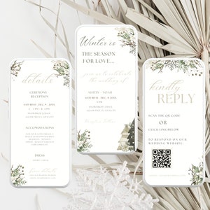 Modèle E Lot de faire-part de mariage hivernal Faire-part Evite d'invitation RSVP Code QR Détails de l'invitation électronique Modèle de carte Noël moderne