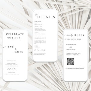Modèle E Ensemble de faire-part de mariage en ligne Invitation Evite RSVP Code QR Détails de l'invitation électronique Modèle de carte moderne simple A1