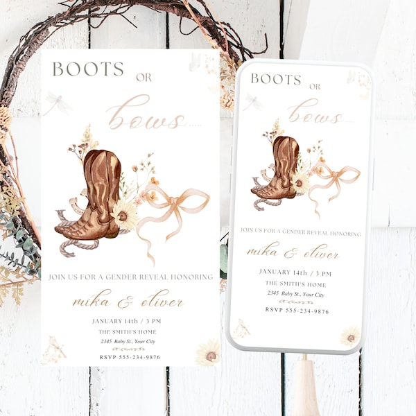 Boots Or Bows Gender Reveal E Invitation Template Western Gender Reveal Invite Cowboy Or Cowgirl Gender Reveal Western Theme Party Self Edit