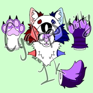 May include: A digital illustration of a cartoon cat face, paws, and tail in red, white, blue, and purple. The cat's face has a large eye and the text "sour_milk" is visible. The background is light green.