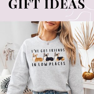 May include: A gray sweatshirt with a graphic of three corgis and the text "I've got friends in low places".