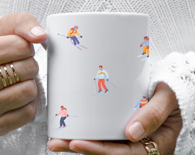 Ski Mug Winter Sports Cup Colorful Cartoon Skier Alpine Themed Coffee Hot Chocolate Ceramic Novelty Drinkware Skier Gift Mountain Souvenir