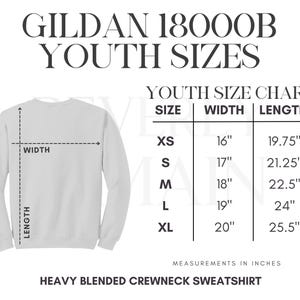 May include: Youth size chart for Gildan 18000B heavy blended crewneck sweatshirts. The chart shows sizes XS through XL with corresponding width and length measurements in inches.