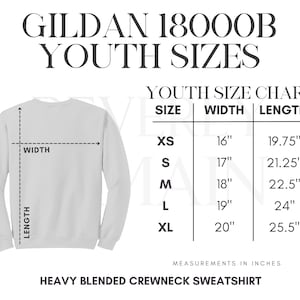 May include: Youth size chart for Gildan 18000B heavy blended crewneck sweatshirts. The chart shows sizes XS through XL with corresponding width and length measurements in inches.