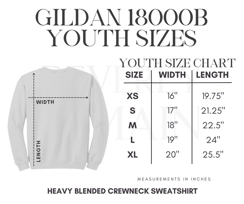 May include: Youth size chart for Gildan 18000B heavy blended crewneck sweatshirts. The chart shows sizes XS through XL with corresponding width and length measurements in inches.
