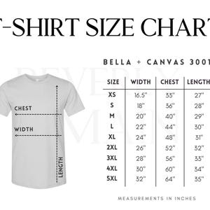 May include: T-shirt size chart for Bella + Canvas 3001, showing measurements in inches for width, chest, and length for sizes XS to 5XL.