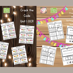 May include: Four black and white worksheets with the title "Crack the Code" and "High Frequency Words Getting Started & Unit I OCR". The worksheets are designed for early literacy learning and feature activities like decoding words and matching letters to pictures.