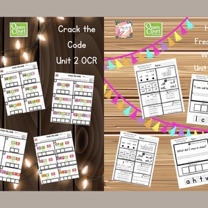 May include: Four black and white worksheets with the title "Crack the Code" and "High Frequency Words" with the text "Unit 2 OCR". The worksheets are on a brown wooden background with white Christmas lights.