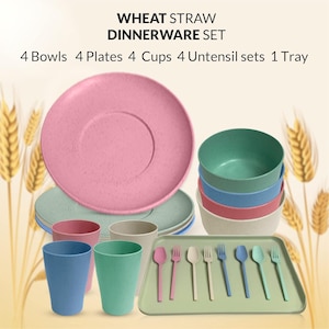 May include: A wheat straw dinnerware set includes pink, green, blue, and beige bowls, plates, and cups. The set also features a green tray with spoons and forks. The text on the image reads "WHEAT STRAW DINNERWARE SET".