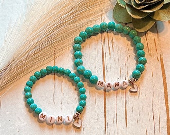 Mini & Mama Turquoise Beaded Bracelet Set | Custom Initial Charm