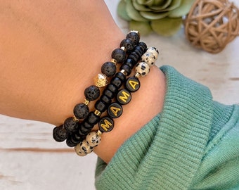 Black Bead Bracelet Set with Custom Heart Gems