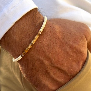 The Best Gemstone Bracelet for Men and Women| Unisex Bracelet: 3mm White Beads, Jasper Cylinder, Gold Accents, Gift for Husband/Wife, Custom