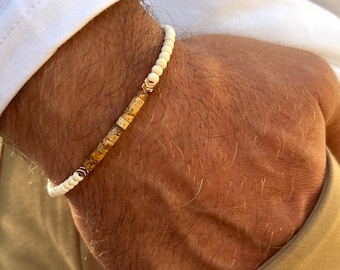 The Best Gemstone Bracelet for Men and Women| Unisex Bracelet: 3mm White Beads, Jasper Cylinder, Gold Accents, Gift for Husband/Wife, Custom