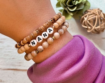 Custom Marble & Wood Bead Bracelet Set: Personalized Word Jewelry