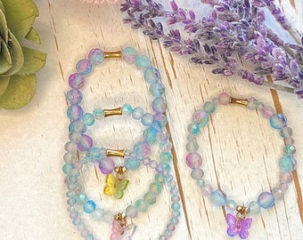 Butterfly Gem Bracelet: Blue, Pink, Purple Crystal Beads, Custom Options