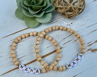 Handmade Wooden Beaded Bracelet: Gold Spacers, Customizable Lettering