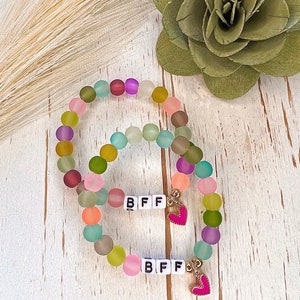 BFF Bracelet Set: Custom Colored Heart Gem, Friendship Statement, Best Friends Forever Logo, Must-Have Duo, Customized Size & Color Stretch