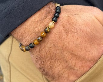 Men’s and Women’s Citrine Beaded Bracelets | 6mm & 8mm Stretch Natural Stone Bracelets | Tiger Eye, Lava Rock | Gift for Him or Her