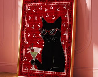 Black Cat Martini Print: Bold Colourful Wall Art, Maximumlist Print, Colourful Hand drawn Cherry Illustration