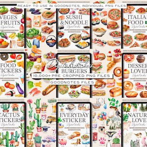 Puede incluir: Un conjunto de pegatinas digitales que incluye m&aacute;s de 10.000 archivos PNG precortados para Goodnotes. El conjunto incluye varios temas, como verduras y frutas, sushi y fideos, comida italiana, pegatinas de comida, hamburguesas, amantes de los postres, cactus, pegatinas de uso diario y amor por la naturaleza. Las pegatinas est&aacute;n ilustradas en estilo acuarela.