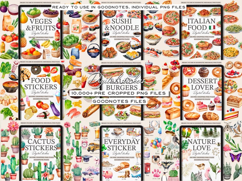 Puede incluir: Un conjunto de pegatinas digitales que incluye m&aacute;s de 10.000 archivos PNG precortados para Goodnotes. El conjunto incluye varios temas, como verduras y frutas, sushi y fideos, comida italiana, pegatinas de comida, hamburguesas, amantes de los postres, cactus, pegatinas de uso diario y amor por la naturaleza. Las pegatinas est&aacute;n ilustradas en estilo acuarela.
