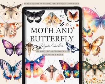 Moth and Butterfly Digital Planner Stickers PNGs Goodnotes, Notability, OneNote, Penly