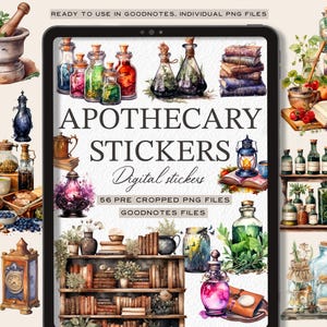 Puede incluir: Pegatinas digitales con ilustraciones de acuarela de frascos de boticario, hierbas, libros y otros elementos de inspiraci&oacute;n vintage. El texto "Apothecary Stickers" y "Digital Stickers" est&aacute; incluido en la imagen. Se incluyen 56 archivos PNG precortados.