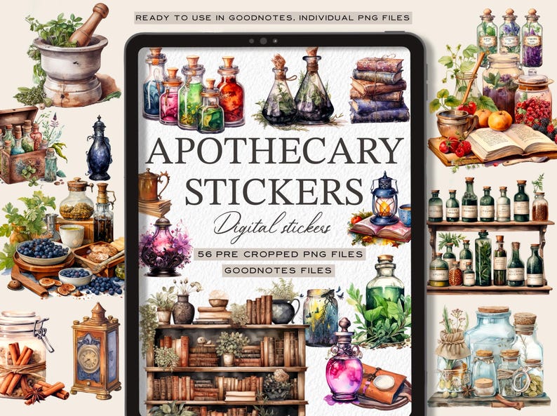 Puede incluir: Pegatinas digitales con ilustraciones de acuarela de frascos de boticario, hierbas, libros y otros elementos de inspiraci&oacute;n vintage. El texto "Apothecary Stickers" y "Digital Stickers" est&aacute; incluido en la imagen. Se incluyen 56 archivos PNG precortados.
